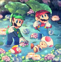 Rule 34 | 3boys, blue eyes, blush stickers, brothers, cheep cheep, closed eyes, facial hair, fish, flower, gloves, hat, highres, hiyashimeso, lead, leaf umbrella, leaning forward, lily pad, looking down, looking up, luigi, lying, mario, mario (series), multiple boys, mustache, nintendo, on back, open mouth, overalls, partially submerged, rain, siblings, smile, super mario bros. 1, toad (mario), vest, water