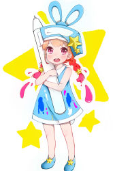 Rule 34 | 1girl, :d, braid, full body, fuu (07199382), gradient hair, hair ornament, hat, highres, long hair, looking at viewer, multicolored hair, no socks, hugging object, open mouth, original, pen, red eyes, shoes, smile, solo, standing, star (symbol), star hair ornament, twin braids