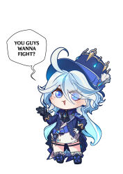 Rule 34 | 1girl, :d, absurdres, aepuru arts, ahoge, aqua hair, ascot, asymmetrical gloves, blue hair, chibi, commentary, drop-shaped pupils, english commentary, english text, furina (genshin impact), genshin impact, gloves, hair between eyes, hand on own hip, hat, highres, long hair, long sleeves, looking at viewer, low twintails, mismatched gloves, mismatched pupils, multicolored hair, open mouth, short shorts, shorts, sidelocks, simple background, smile, smug, solo, speech bubble, standing, streaked hair, symbol-shaped pupils, thighlet, top hat, twintails, two-tone hair, white background, white shorts