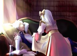 Rule 34 | 1boy, 1girl, arch bishop (ragnarok online), bad id, bad pixiv id, blanket, book, bow, closed eyes, commentary request, couch, covering with blanket, cross, curtains, dress, feet out of frame, hair bow, long hair, looking at another, mit (necomit), open mouth, pointy ears, ragnarok online, red dress, sash, shirt, short hair, shrug (clothing), sleeping, warlock (ragnarok online), white hair, white shirt, window, yellow bow, yellow sash
