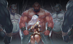 Rule 34 | 1girl, 5boys, armor, ass, bald, bandages, bare shoulders, beard, black hair, blue skin, bracelet, cave, chest hair, clenched hand, colored skin, detached sleeves, facial hair, holding, holding weapon, horns, jewelry, long hair, looking down, looking up, multiple boys, muscular, navel, ogre, oni, oni horns, original, outdoors, pointy ears, red hair, red skin, revealing clothes, scabbard, sharp teeth, sheath, single horn, size difference, slit pupils, teeth, tusks, unsheathing, vambraces, veins, weapon, white hair, yan (situyan0303)