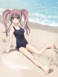 Rule 34 | barefoot, beach, black one-piece swimsuit, blush, brown eyes, day, feet, long hair, one-piece swimsuit, original, outdoors, purple hair, sand, school swimsuit, sitting, solo, swimsuit, twintails, water, wet, yukian