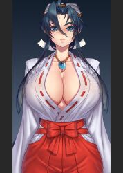 Rule 34 | 1girl, arms at sides, blue hair, bow, breasts, cleavage, curvy, goggles, goggles on head, gonster, highres, huge breasts, japanese clothes, jewelry, kimono, large breasts, lips, long hair, magatama, magatama necklace, necklace, open clothes, open kimono, red bow, sengoku ace, sengoku blade, simple background, solo, togashi koyori, wide hips