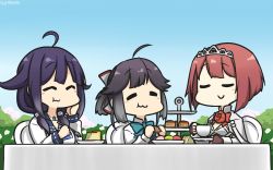Rule 34 | 3girls, ahoge, ark royal (kancolle), black hair, blue sky, blunt bangs, bob cut, brown gloves, cake, closed eyes, commentary request, cup, dated, day, dress, eating, fingerless gloves, flower, food, gloves, gradient sky, hair flaps, hair ribbon, hairband, hamu koutarou, hand on own face, hayanami (kancolle), highres, kantai collection, long hair, long sleeves, low twintails, macaron, magatama, multiple girls, one-hour drawing challenge, outdoors, ponytail, purple dress, purple hair, red flower, red hair, red ribbon, red rose, ribbon, rose, saucer, school uniform, serafuku, shirt, short hair, sidelocks, sky, table, taigei (kancolle), teacup, tiara, twintails, white ribbon, white shirt