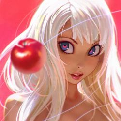 Rule 34 | 1girl, apple, bare shoulders, blurry, chromatic aberration, depth of field, food, fruit, ilya kuvshinov, lips, long hair, open mouth, original, portrait, realistic, red eyes, simple background, solo, topless frame, white hair