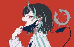 Rule 34 | 1girl, black hair, blue hair, commentary request, demon horns, ear piercing, earrings, fangs, grey choker, grey sweater, hair ornament, hairclip, highres, horns, jewelry, jpeg artifacts, looking at viewer, looking to the side, mask, mask pull, medium hair, mouth mask, multicolored hair, nanashi inc., official alternate costume, open mouth, piercing, pointy ears, red background, red eyes, ring, shishio chris, shishio chris (2nd costume), simple background, single bare shoulder, smile, solo, sugar lyric, sweater, tengu nimuru, two-tone hair, upper body, vampire (vocaloid), virtual youtuber, vocaloid