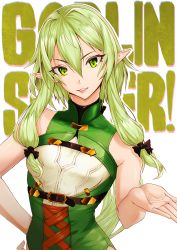 Rule 34 | 1girl, black bow, bow, breasts, copyright name, corset, elf, goblin slayer!, green eyes, green hair, hair between eyes, hair bow, hand on own hip, head tilt, high elf archer (goblin slayer!), highres, kouren0au, lips, long hair, looking at viewer, low-tied long hair, parted lips, petite, pointy ears, short hair with long locks, sidelocks, sleeveless, small breasts, solo, upper body