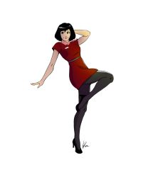 Rule 34 | 1girl, black hair, closed mouth, female focus, flight attendant, formal, hand on own head, high heels, highres, long legs, looking to the side, pantyhose, short hair, skirt, skirt suit, solo, suit, travel attendant, white background