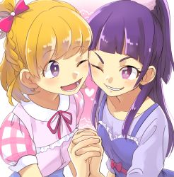 Rule 34 | 2girls, asahina mirai, blonde hair, bow, braid, french braid, hair bow, holding hands, izayoi liko, long hair, looking at another, mahou girls precure!, multiple girls, one eye closed, pink background, pink bow, precure, purple eyes, purple hair, riko (mahou girls precure!), shirt, short hair, smile, toyosaka, upper body