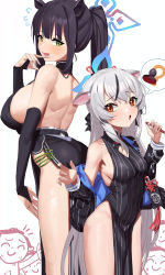 Rule 34 | 2girls, :d, absurdres, animal ears, bare back, bare shoulders, black dress, black hair, blue archive, breasts, bridal gauntlets, brown eyes, chinese clothes, dress, feipin zhanshi, finger to mouth, green eyes, halo, height difference, highres, holding, holding pen, kokona (blue archive), large breasts, long hair, looking at viewer, median furrow, medium breasts, multicolored hair, multiple girls, off shoulder, open mouth, pelvic curtain, pen, shun (blue archive), siblings, side slit, sideboob, simple background, sisters, smile, standing, streaked hair, striped clothes, striped dress, thighs, tiger ears, vertical-striped clothes, vertical-striped dress, white background, white hair