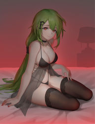 Rule 34 | 1girl, babydoll, black bra, black panties, black thighhighs, box, bra, breasts, cleavage, closed mouth, commentary request, commission, full body, girls&#039; frontline, green hair, hair ornament, halterneck, hand on own thigh, heart, heart-shaped box, heart-shaped pupils, highleg, highleg panties, highres, long hair, looking at viewer, medium breasts, miso (b7669726), mk48 (girls&#039; frontline), nail polish, on bed, panties, pixiv commission, red nails, sitting, smile, solo, symbol-shaped pupils, thighhighs, underwear, underwear only, very long hair