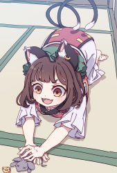 Rule 34 | 1girl, absurdres, all fours, animal, animal ears, barefoot, blush stickers, brown eyes, brown hair, cat ears, cat tail, cheese, chen, dress, earrings, food, green hat, hat, highres, jewelry, kame (kamepan44231), mob cap, mouse (animal), multiple tails, open mouth, red dress, short hair, short sleeves, single earring, smile, solo, tail, tatami, touhou, two tails