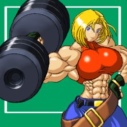 Rule 34 | 1girl, abs, blonde hair, blue eyes, blue mary, breasts, dumbbell, exercising, extreme muscles, fatal fury, female focus, lowres, muscular, oekaki, ren (tainca2000), snk, solo, the king of fighters, weightlifting, weights
