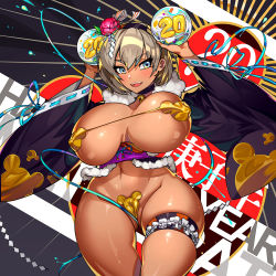 Rule 34 | 1girl, 2020, alternate breast size, bea (pokemon), bell, black choker, blue eyes, blush, breasts, bridal garter, c-string, cameltoe, choker, cleft of venus, commentary, cowboy shot, creatures (company), curvy, dark-skinned female, dark skin, eyelashes, facing viewer, game freak, grey hair, hairband, hands up, happy new year, holding, huge breasts, jingle bell collar, legwear garter, looking at viewer, navel, neck bell, new year, nintendo, open mouth, plump, pokemon, pokemon swsh, revealing clothes, ribbon, shiny skin, short hair, sideways glance, single legwear garter, skindentation, smile, solo, standing, strapless bottom, tan, teeth, tongue, wide hips, yeong r6