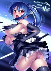 Rule 34 | 1girl, ass, bare shoulders, black dress, black gloves, black thighhighs, blue background, blue hair, blush, breasts, commentary, commission, cosplay, double-parted bangs, dress, elbow gloves, embarrassed, english commentary, eyelashes, fighting stance, frilled dress, frills, from side, gloves, hair between eyes, hair ribbon, holding, holding sword, holding weapon, katana, konohana lucia, konohana lucia (cosplay), large breasts, long hair, looking at viewer, midriff, motion blur, open mouth, original, panties, panty peek, pink panties, red eyes, rewrite, ribbon, shiny skin, short dress, signature, simple background, skeb commission, solo, sweat, sword, teeth, thighhighs, thighs, torn clothes, torn dress, torn gloves, underwear, upper teeth only, very long hair, weapon, white ribbon, zen (kamuro), zettai ryouiki