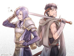 Rule 34 | 2boys, artist name, bandages, brown hair, closed eyes, fingerless gloves, fire emblem, fire emblem echoes: shadows of valentia, gloves, headband, kamui (fire emblem gaiden), leon (fire emblem echoes), long hair, male focus, multiple boys, nintendo, open mouth, purple eyes, purple hair, quiver, scarf, sword, tamami if, teeth, weapon