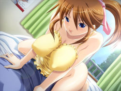 Rule 34 | 1girl, :p, apron, asahi (fullmetal madness), ass, assertive female, bed, bedroom, blue eyes, blush, breasts, brown hair, cleavage, cowgirl position, dutch angle, covered erect nipples, game cg, girl on top, hair ribbon, hanging breasts, harem x scratch, huge breasts, kimii nao, large breasts, naked apron, naughty face, ponytail, pov, ribbon, solo, solo focus, straddling, tongue, tongue out, window