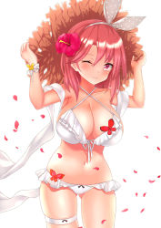 Rule 34 | 1girl, ;), arms up, azur lane, bare shoulders, bikini, black prince (azur lane), black prince (white princess) (azur lane), blush, breasts, brown headwear, cleavage, closed mouth, collarbone, commentary request, criss-cross halter, flower, frilled bikini, frills, gatchapowa, gluteal fold, grey hairband, grey ribbon, hair between eyes, hair flower, hair ornament, hair ribbon, hairband, halterneck, hands on headwear, hat, large breasts, looking at viewer, navel, one eye closed, petals, polka dot, polka dot ribbon, red eyes, red flower, red hair, ribbon, simple background, smile, solo, standing, straw hat, swimsuit, white background, white bikini