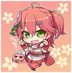 Rule 34 | 1girl, ahoge, armband, bare shoulders, bell, belt, belt buckle, breasts, brooch, buckle, cat, cherry blossom print, cherry blossoms, chibi, cleavage, cleavage cutout, clothing cutout, detached sleeves, floral print, flower, full body, green eyes, hair between eyes, hair flower, hair ornament, hairclip, hololive, jewelry, kintoki (sakura miko), looking at viewer, medium hair, nontraditional miko, one side up, open mouth, paw pose, pink background, pink cat, pink hair, pink skirt, pink thighhighs, sakura miko, sakura miko (old design), simple background, skirt, thighhighs, tottori, virtual youtuber, yellow eyes