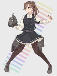Rule 34 | 1girl, alternate hairstyle, arashio (kancolle), arashio kai ni (kancolle), bad id, bad pixiv id, black pantyhose, brown eyes, brown hair, crime prevention buzzer, dress, frilled dress, frills, full body, grey background, grey footwear, handa (jdox), kantai collection, long hair, long sleeves, looking to the side, pantyhose, pin, pinafore dress, ponytail, protected link, rigging, school uniform, searchlight, shirt, shoes, simple background, sleeveless, sleeveless dress, solo, swept bangs, thigh strap, torpedo, torpedo tubes, turret, white shirt