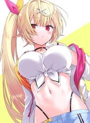 1girl :o bare_shoulders black_choker black_panties blonde_hair blunt_bangs blush breasts choker crop_top front-tie_top hair_ornament hand_on_own_hip heterochromia highres hoshikawa_sara hoshikawa_sara_(1st_costume) jacket kuhotaka large_breasts long_hair long_sleeves navel nijisanji off_shoulder orange_eyes panties parted_lips red_eyes ribbon side_ponytail solo stomach thong track_jacket underwear upper_body very_long_hair virtual_youtuber white_jacket white_ribbon x_hair_ornament