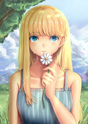 Rule 34 | 1girl, blonde hair, blue eyes, cloud, collarbone, crying, crying with eyes open, day, flower, grass, highres, holding, holding flower, long hair, moda, mountain, one piece, sidelocks, sleeveless, smile, solo, tears, tree, upper body, yumiyokiak