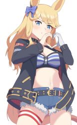 Rule 34 | 1girl, :t, animal ears, black jacket, blonde hair, blue bow, blue eyes, bow, breasts, cleavage, commentary, cowboy shot, cutoffs, denim, denim shorts, ekimiyaaa ja, gloves, gold city (umamusume), hair bow, hands up, heart, heart hands, highres, horse ears, jacket, large breasts, long hair, looking at viewer, midriff, navel, open clothes, open jacket, short shorts, shorts, single glove, solo, standing, stomach, strapless, thigh strap, thighs, tube top, umamusume, very long hair, white gloves