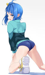 Rule 34 | 1girl, absurdres, ahoge, arched back, ass, asymmetrical hair, back, blue eyes, blue hair, blush, bow, buruma, butt crack, cut bangs, from behind, hand on own thigh, high side ponytail, highres, hirogaru sky! precure, jacket, kneeling, kneepits, legs, looking at viewer, looking back, mamadasky, open mouth, precure, shoes, short hair, side ponytail, sidelocks, simple background, skindentation, smile, sneakers, solo, sora harewataru, thighs, tight clothes, track jacket, white background, yellow bow