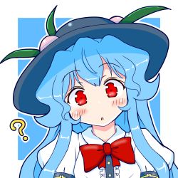 Rule 34 | 1girl, :o, ?, black hat, blue hair, blush, bow, bowtie, confused, eruru (erl), food, fruit, hat, head tilt, highres, hinanawi tenshi, long hair, open mouth, outline, peach, puffy short sleeves, puffy sleeves, red bow, red bowtie, red eyes, short sleeves, solo, touhou, upper body, white outline