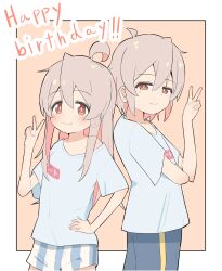 Rule 34 | 1boy, 1girl, absurdres, bare arms, border, brown eyes, collarbone, colored inner hair, commentary, dot nose, dual persona, ears visible through hair, english text, genderswap, genderswap (mtf), grey hair, hair between eyes, hand on own hip, happy birthday, highres, light blush, long hair, male underwear, multicolored hair, no pants, off shoulder, onii-chan wa oshimai!, outside border, oversized clothes, oversized shirt, oyama mahiro, oyama mahiro (male), pants, pink hair, shirt, simple background, smile, striped male underwear, t-shirt, two-tone hair, underwear, v, white border, white shirt, yama h15