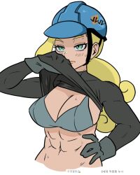 Rule 34 | 1girl, abs, blonde hair, blue hat, bra, breasts, cleavage, closed mouth, clothes lift, commentary, creatures (company), eyelashes, game freak, gigobyte350, gloves, green eyes, hand on own hip, hand up, hat, helmet, lifting own clothes, long hair, navel, nintendo, pokemon, pokemon swsh, shirt lift, simple background, solo, sweat, underwear, upper body, white background, worker (pokemon)