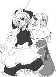 Rule 34 | 2girls, :d, alice margatroid, apron, asagi jun, back-to-back, broom, capelet, dress, female focus, greyscale, hat, holding, kirisame marisa, long hair, looking at viewer, monochrome, multiple girls, open mouth, puffy short sleeves, puffy sleeves, short hair, short sleeves, simple background, smile, touhou, waist apron, white background, witch hat