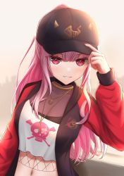 Rule 34 | 1girl, backlighting, baseball cap, black hat, black jacket, collarbone, crop top, grin, hair between eyes, hat, highres, hololive, hololive english, jacket, jewelry, long hair, long sleeves, looking at viewer, midriff, mori calliope, mori calliope (streetwear), nail polish, navel, necklace, open clothes, open jacket, panzer87631631, pink hair, ponytail, red eyes, red nails, red sleeves, smile, solo, stomach, upper body, very long hair, virtual youtuber