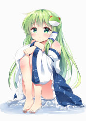 Rule 34 | 1girl, absurdres, ass, bare legs, bare shoulders, barefoot, blue panties, blue skirt, blush, closed mouth, detached sleeves, feet, frilled skirt, frills, frog hair ornament, frown, green eyes, green hair, hair ornament, hair tubes, highres, ikazu401, japanese clothes, knees up, kochiya sanae, long hair, long sleeves, looking at viewer, miniskirt, panties, sidelocks, simple background, sitting, skirt, snake hair ornament, solo, striped clothes, striped panties, thighs, toes, touhou, underwear, water, white background, wide sleeves