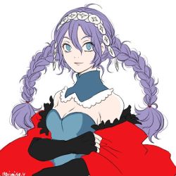 Rule 34 | 1girl, blue eyes, breasts, cape, choker, cleavage, dress, european clothes, fire emblem, fire emblem fates, insarability, nina (fire emblem), nintendo, purple hair, simple background, smile, solo, twintails, white background