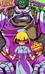 Rule 34 | 1boy, 1girl, alternate costume, arms (game), bandages, blonde hair, blunt bangs, bracelet, domino mask, green eyes, grey background, halloween, halloween costume, hat, hitohito, jack-o&#039;-lantern, jewelry, looking at viewer, mask, master mummy (arms), min min (arms), mummy, nintendo, nurse, nurse cap, open mouth, short hair, smile, syringe, trick or treat
