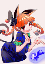 Rule 34 | 1girl, animal ears, black bow, black dress, blunt bangs, bow, braid, cat ears, cat tail, commentary, cropped legs, dress, extra ears, fangs, fufuyomumusu, grey background, hair bow, highres, hitodama, kaenbyou rin, looking at viewer, multiple tails, nekomata, open mouth, red eyes, red nails, short sleeves, side braids, simple background, solo, tail, touhou, twin braids, two tails