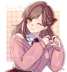 Rule 34 | 1girl, ;), braid, brown hair, closed mouth, collared shirt, commentary, copyright name, green eyes, hands up, heart, heart hands, highres, long sleeves, looking at viewer, neck ribbon, nurun najwah, one eye closed, plaid, plaid background, plaid skirt, puffy long sleeves, puffy sleeves, red ribbon, red skirt, ribbon, rosa (tears of themis), shirt, skirt, sleeveless, sleeveless shirt, sleeves past wrists, smile, solo, tears of themis, unmoving pattern, white shirt