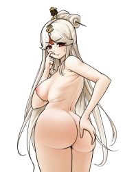 Rule 34 | 1girl, artist request, ass, bare shoulders, blush, breasts, from behind, genshin impact, hair ornament, hairpin, hand on ass, highres, huge ass, large breasts, long hair, looking at viewer, looking back, ningguang (genshin impact), nipples, nude, red eyes, shiny skin, sideboob, silver hair, smile, solo, sweatdrop, very long hair