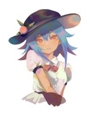 Rule 34 | 1girl, alternate hair length, alternate hairstyle, black hat, blue hair, bow, bowtie, bright pupils, cropped torso, food, fruit, hat, highres, hinanawi tenshi, leaf, looking at viewer, open mouth, peach, pfallen, puffy short sleeves, puffy sleeves, red bow, red bowtie, red eyes, short hair, short sleeves, simple background, solo, touhou, white background, white pupils
