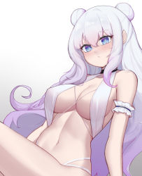 Rule 34 | + +, 1girl, absurdres, aged up, alternate breast size, arm garter, arm support, azur lane, bare shoulders, blue eyes, blush, breasts, cleavage, closed mouth, double bun, frills, gradient background, gradient hair, grey background, hair bun, highres, large breasts, le malin (azur lane), le malin (listless lapin) (azur lane), le malin (mercredi at the secret base) (azur lane), leaning back, long hair, looking at viewer, multicolored hair, navel, official alternate costume, pink hair, revealing clothes, sidelocks, silver hair, sitting, sliverdog, solo, stomach, very long hair