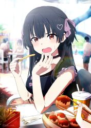 Rule 34 | 1girl, 1other, :o, absurdres, bare arms, bikini, black bikini, black choker, black hair, blush, choker, chopsticks, commentary, cup, disposable cup, fingernails, food, french fries, frilled choker, frills, hair ornament, hair ribbon, heart, heart hair ornament, highres, holding, holding chopsticks, holding food, idolmaster, idolmaster shiny colors, long hair, looking at viewer, mayuzumi fuyuko, misaki nonaka, out of frame, people, pov, pov hands, ribbon, sitting, solo focus, sweatdrop, swimsuit, takoyaki, twitter username, v-shaped eyebrows, very long hair, water slide, waterpark