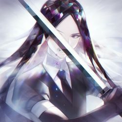 Rule 34 | 1other, androgynous, black eyes, black gloves, black hair, black necktie, black shirt, bort, clenched teeth, collared shirt, elbow gloves, ginmu, gloves, holding, holding sword, holding weapon, houseki no kuni, katana, long hair, looking at viewer, necktie, shirt, solo, sword, teeth, weapon, white shirt, wing collar
