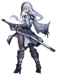 Rule 34 | 1girl, arm armor, black pantyhose, blood, blood on clothes, boots, braid, braided ponytail, breasts, closed mouth, dairoku ryouhei, detached sleeves, dress, from behind, frown, full body, grey footwear, grey hair, hair over one eye, hetza (hellshock), high heels, holding, holding weapon, leg armor, long hair, looking at viewer, medium breasts, multicolored hair, pantyhose, red eyes, sheath, sheathed, side slit, single braid, solo, standing, streaked hair, sword, torn clothes, transparent background, very long hair, weapon, white dress