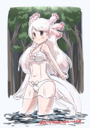 Rule 34 | 1girl, arms behind back, bare shoulders, black eyes, bow, bow panties, dated, day, kemono friends, lingerie, long hair, looking at viewer, mexico salamander (kemono friends), nakashi masakumi, navel, negligee, outdoors, panties, pink scrunchie, salamander tail, scrunchie, see-through, smile, solo, tail, tree, twitter username, underwear, wading, water, white bow, white hair, white panties, wrist scrunchie