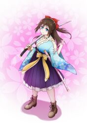 Rule 34 | 1girl, blue eyes, blue kimono, bow, brown footwear, brown hair, closed mouth, commentary request, floral print, frown, full body, hair between eyes, hair bow, hakama, hakama skirt, half updo, highres, holding, holding sword, holding weapon, index finger raised, japanese clothes, katana, kimono, koukoutou (seikoutoutei), long hair, long sleeves, looking at viewer, love live!, love live! nijigasaki high school idol club, osaka shizuku, purple hakama, red bow, sheath, shoes, sidelocks, skirt, solo, standing, sword, v-shaped eyebrows, weapon, wide sleeves