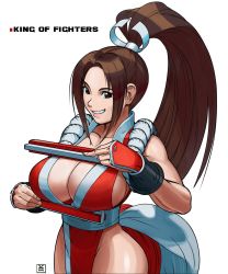 Rule 34 | 1girl, 2019, breasts, brown eyes, brown hair, character name, cleavage, copyright name, fatal fury, female focus, folded fan, folding fan, grin, hand fan, highres, holding, holding fan, large breasts, long hair, matching hair/eyes, ninja, no bra, overlord jc, ponytail, revealing clothes, shiranui mai, smile, smirk, solo, the king of fighters, upper body