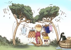 Rule 34 | 2girls, animal ears, armadillo ears, armadillo tail, armor, blonde hair, blue hair, chibi, clothes, clothesline, commentary request, day, dripping, drying, drying clothes, elbow pads, facing away, from behind, full body, giant armadillo (kemono friends), giant pangolin (kemono friends), grass, hanging, hat, jacket, kemono friends, knee pads, laundry, laundry basket, long hair, medium hair, miniskirt, multiple girls, outdoors, ozora tetsu, pangolin ears, pangolin tail, pants, pleated skirt, shirt, shoes, short sleeves, shoulder armor, skirt, standing, sweater vest, tail, track jacket, track pants, track suit, tree, water, wet, wet clothes