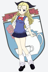 Rule 34 | 1girl, adapted costume, assam (girls und panzer), black footwear, black ribbon, blonde hair, blue eyes, blue skirt, blue sweater, blush, bow, bowtie, closed mouth, commentary, dress shirt, emblem, full body, girls und panzer, grey background, hair pulled back, hair ribbon, hand on own hip, highres, ichinose jun, light blush, loafers, long hair, long sleeves, looking at viewer, loose socks, microskirt, miniskirt, pleated skirt, red bow, red bowtie, ribbon, school uniform, shirt, shoes, skirt, smile, socks, solo, st. gloriana&#039;s (emblem), st. gloriana&#039;s school uniform, standing, sweater, sweater vest, v-neck, white shirt, white socks, wing collar