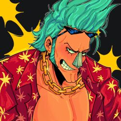 Rule 34 | 1boy, artist name, black eyes, blue hair, bugsinmyhoney, chain, chain necklace, clenched teeth, commentary, commentary request, english commentary, eyewear on head, franky (one piece), highres, jewelry, long sideburns, looking at viewer, male focus, mixed-language commentary, necklace, one piece, open clothes, open shirt, shirt, short hair, sideburns, smile, solo, spiked hair, sunglasses, teeth